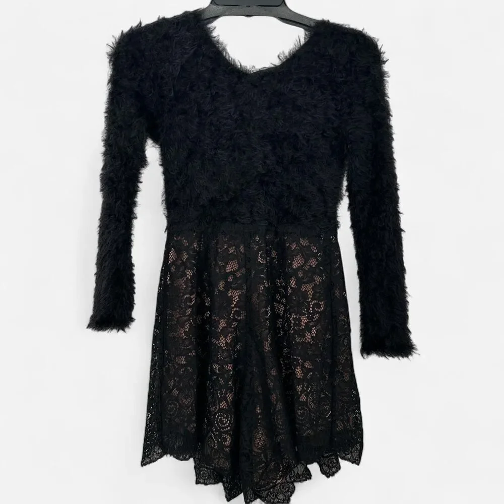 For Love & Lemons Knitz Francoise Fuzzy Lace Romper – Black Open Back Bow S - Picture 3 of 8